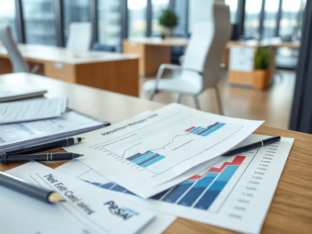 Escritório moderno com documentos financeiros e gráficos de fluxo de caixa.
