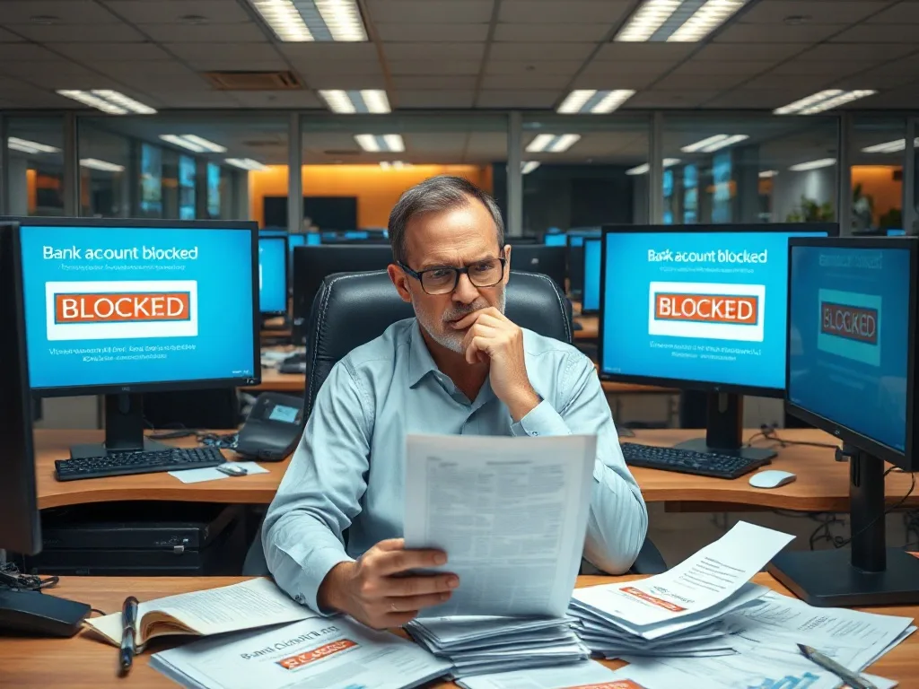 Gestor empresarial preocupado ao ver notificação de bloqueio judicial na tela do computador.