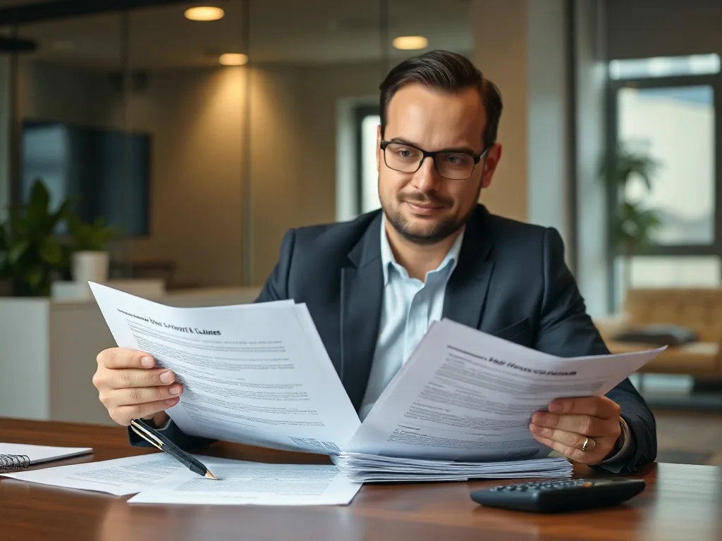 Empresário analisando documento bancário em escritório, atento às cláusulas contratuais.