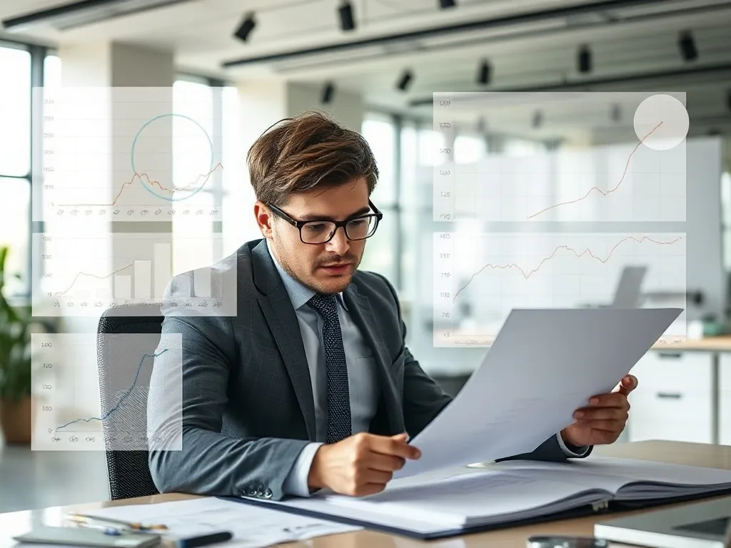 Empresário analisando contratos bancários com gráficos e números representando custos ocultos.