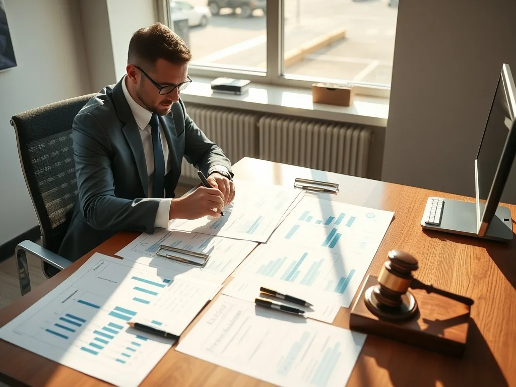 Gestor analisando contratos bancários com gráficos e documentos na mesa