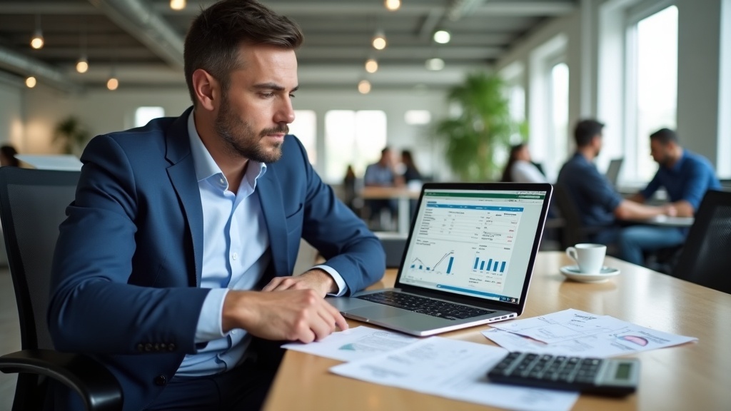 Gestor financeiro revisando planilha de fluxo de caixa e extratos para calcular custo do capital de giro.