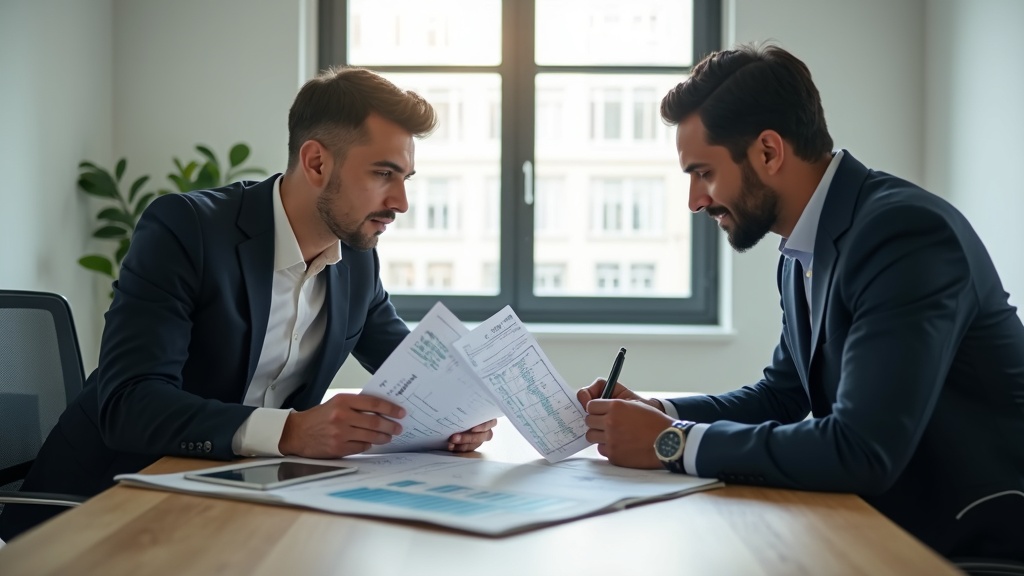 Empresário e advogado analisando contrato de capital de giro e planilhas financeiras no escritório.