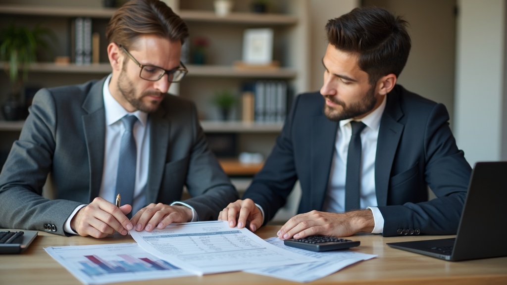 Empresário e gerente de banco negociando plano de pagamento em mesa de escritório.