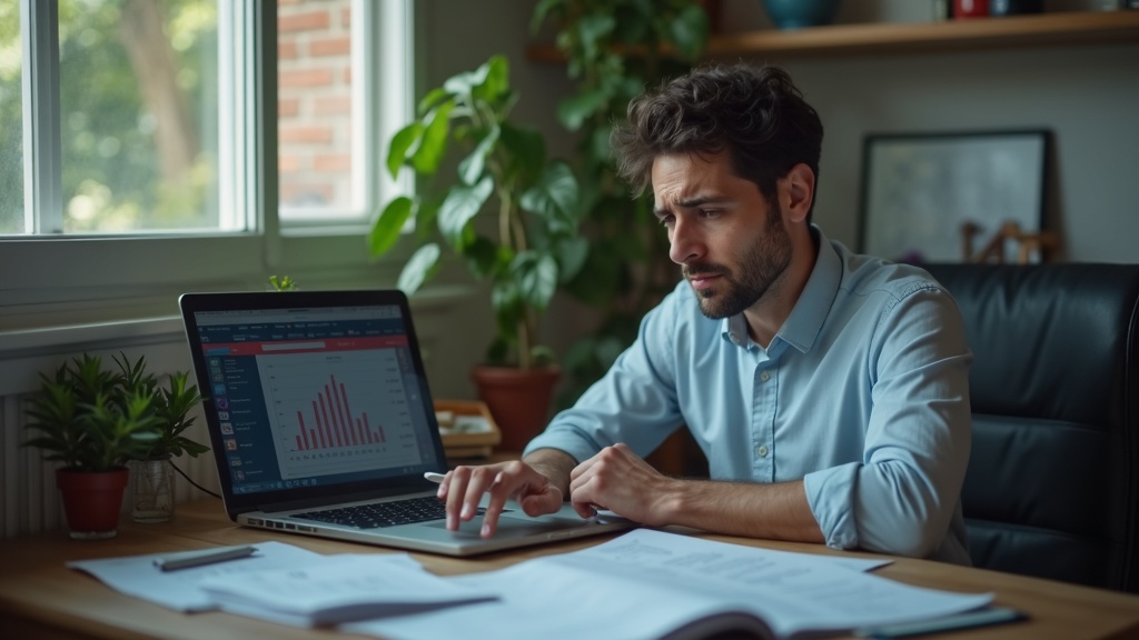 Empresário analisando extrato bancário negativo no computador do escritório.