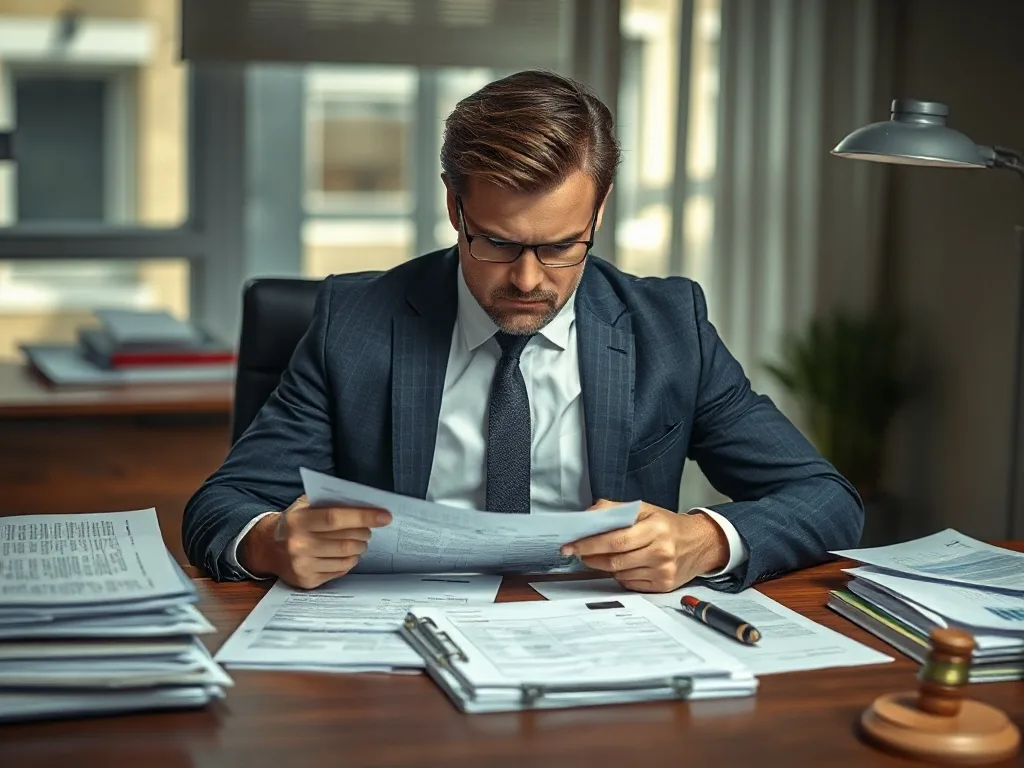 Empresário preocupado analisando documentos jurídicos e financeiros.