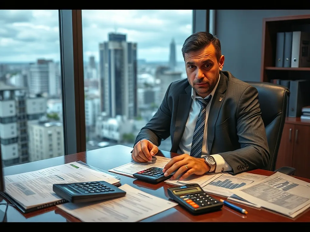 Empresário brasileiro analisando documentos financeiros com expressão preocupada.