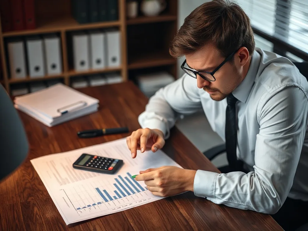 Empresário analisando documentos financeiros em um escritório