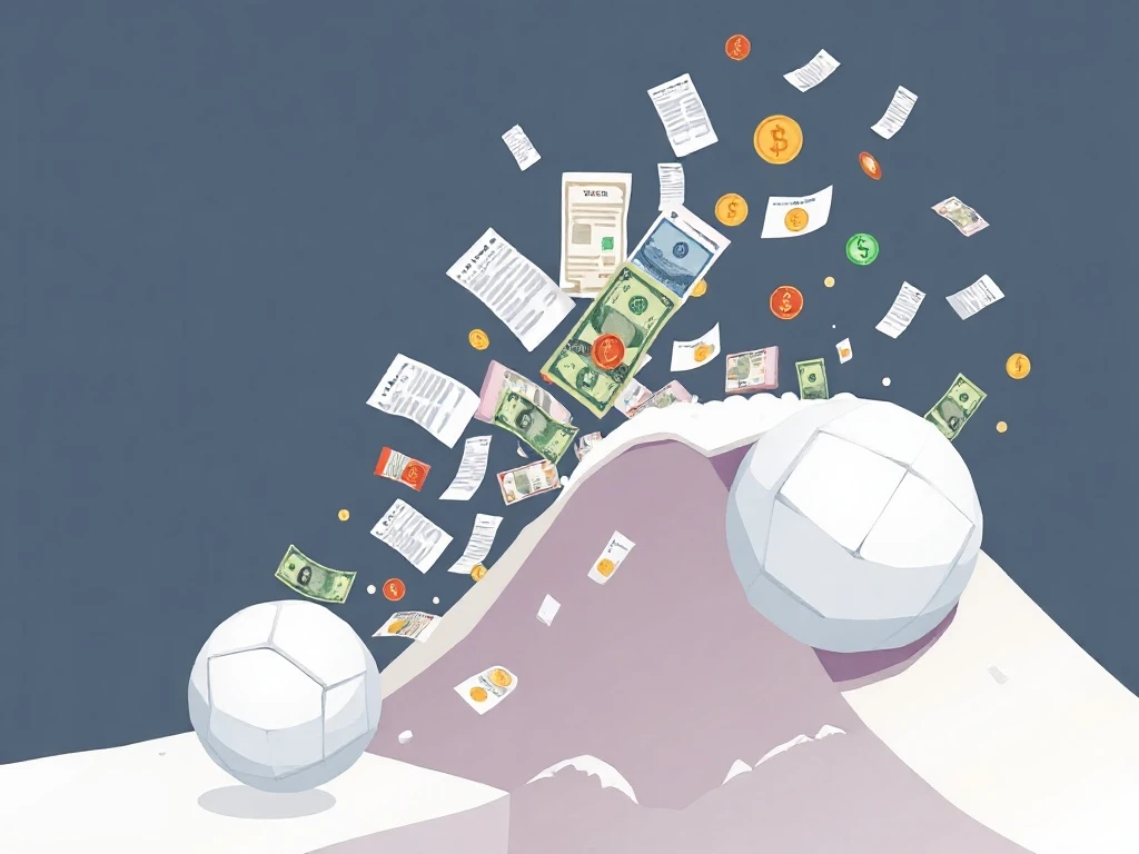 Ilustração de uma pequena bola de neve de documentos e dinheiro crescendo ao rolar ladeira abaixo