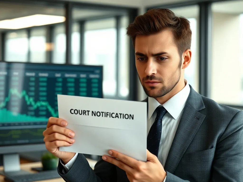 Empresário segurando notificação judicial bancária em um escritório