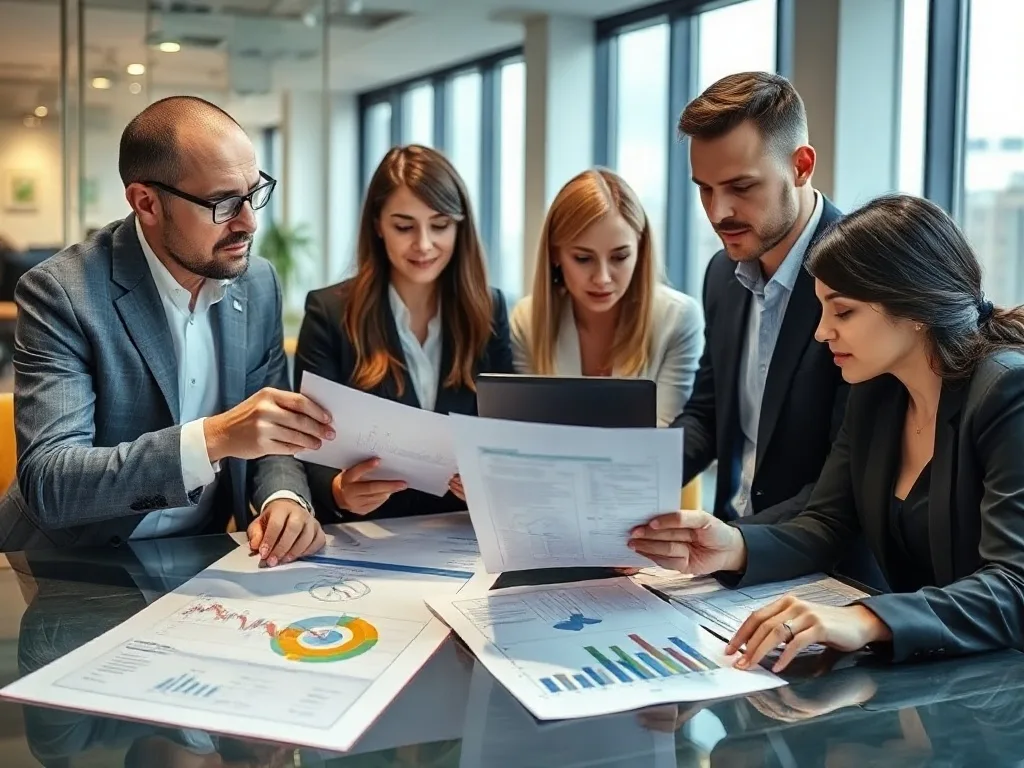 Equipe empresarial analisando gráficos financeiros e documentos de gestão de risco.