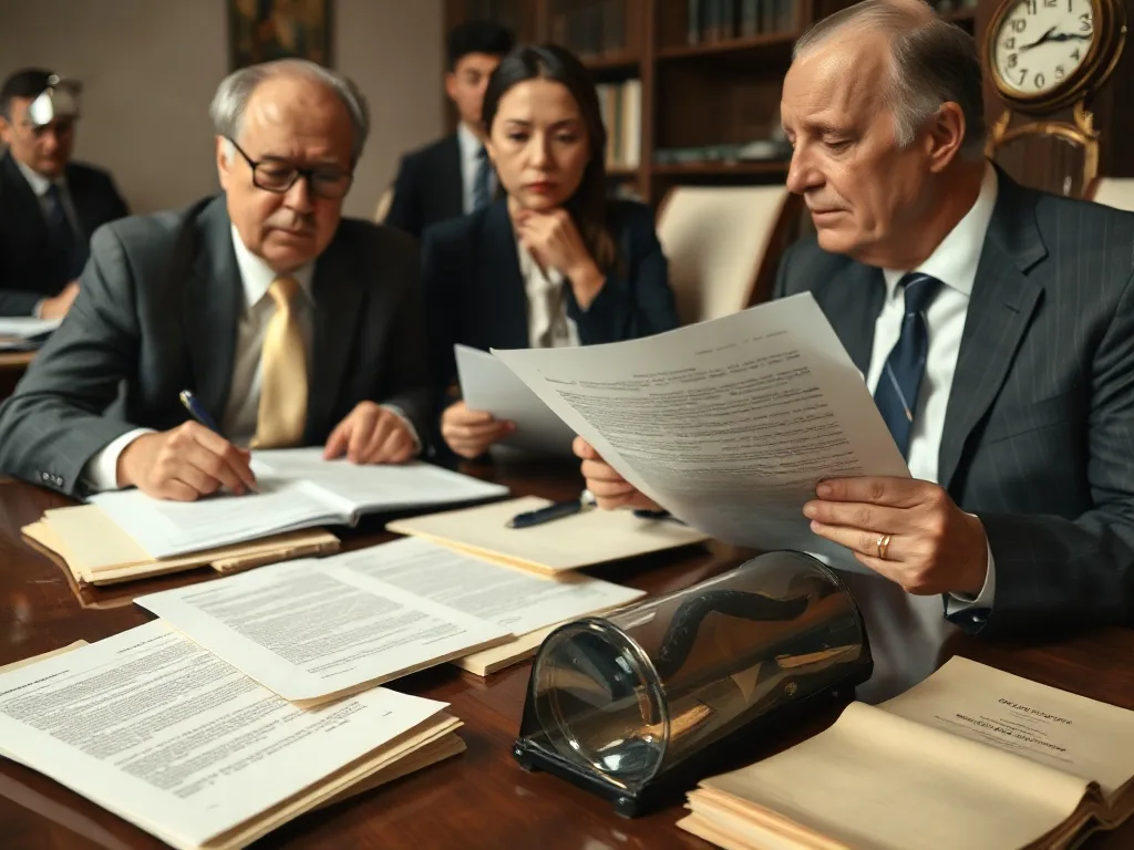 Empresários analisando contratos antigos e documentos bancários em um escritório.