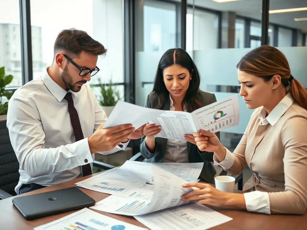 Equipe empresarial revisando documentos e contratos bancários em ambiente corporativo.