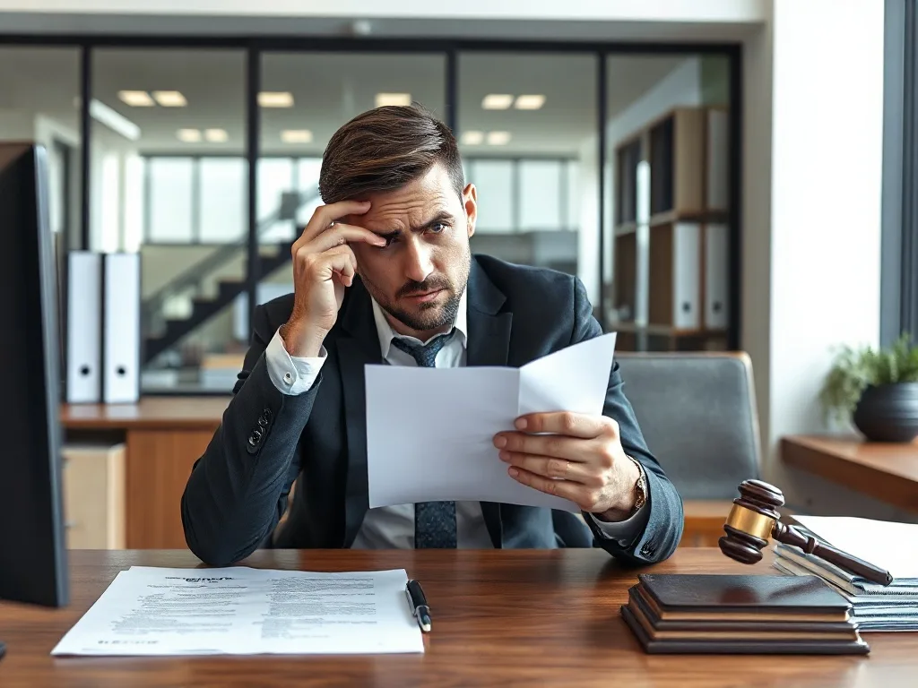 Empresário preocupado analisando documentos judiciais em seu escritório.