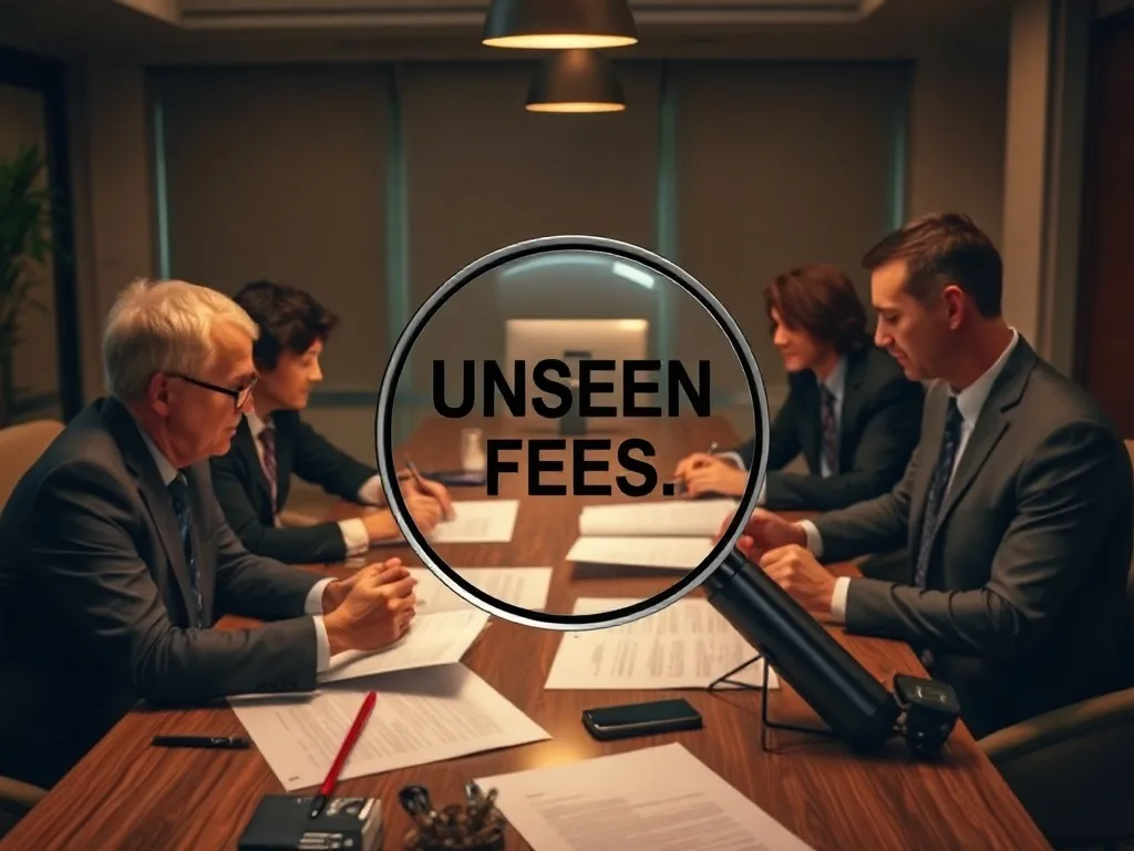Empresários analisando contratos bancários em reunião, com lupa destacando tarifas ocultas.