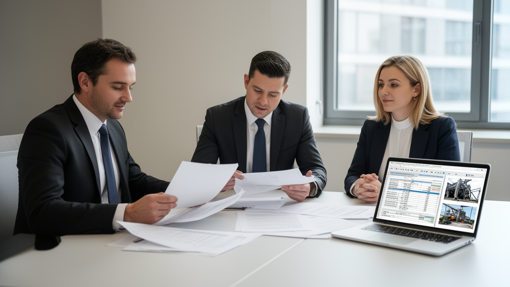 Advogado e empresários analisando contrato e extratos em escritório moderno