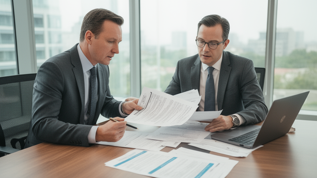 Executivos analisando contrato de imóvel e documentos bancários em escritório corporativo