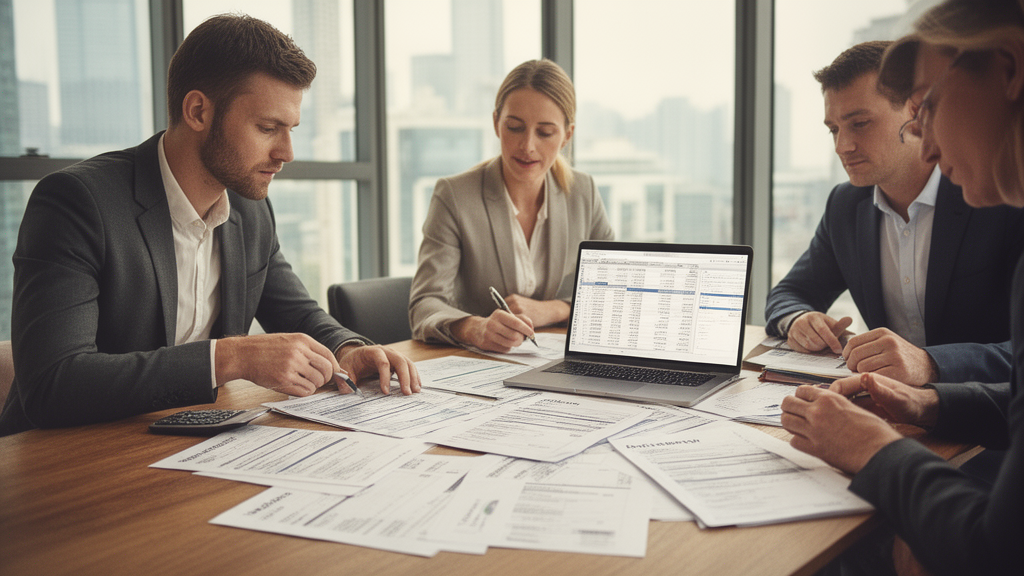 Equipe empresarial analisando contratos e extratos bancários em sala de reunião iluminada