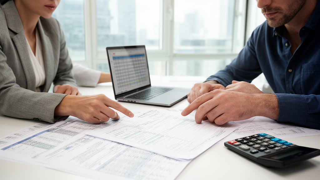 Advogado e sócio empresarial analisando CCB e planilha de débitos em escritório claro