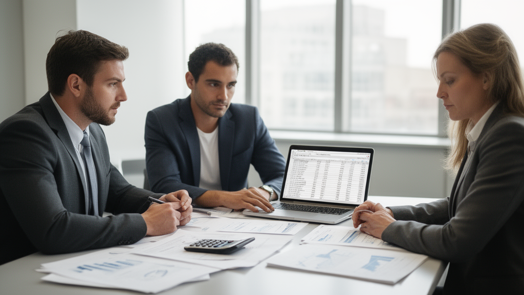 Executivos analisando planilhas e documentos bancários em reunião corporativa