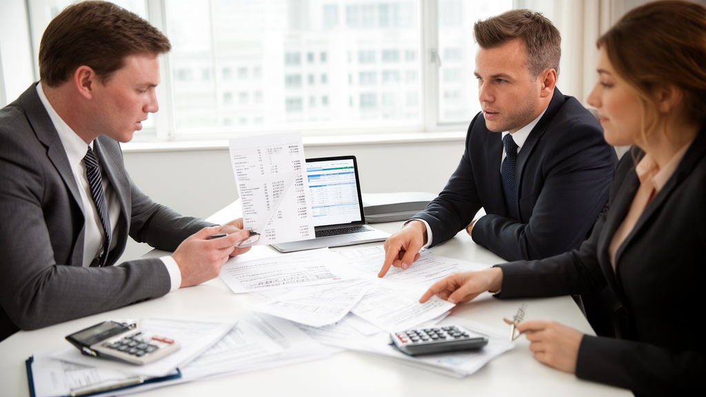 Executivos revisando extratos e planilha financeira em sala corporativa clara