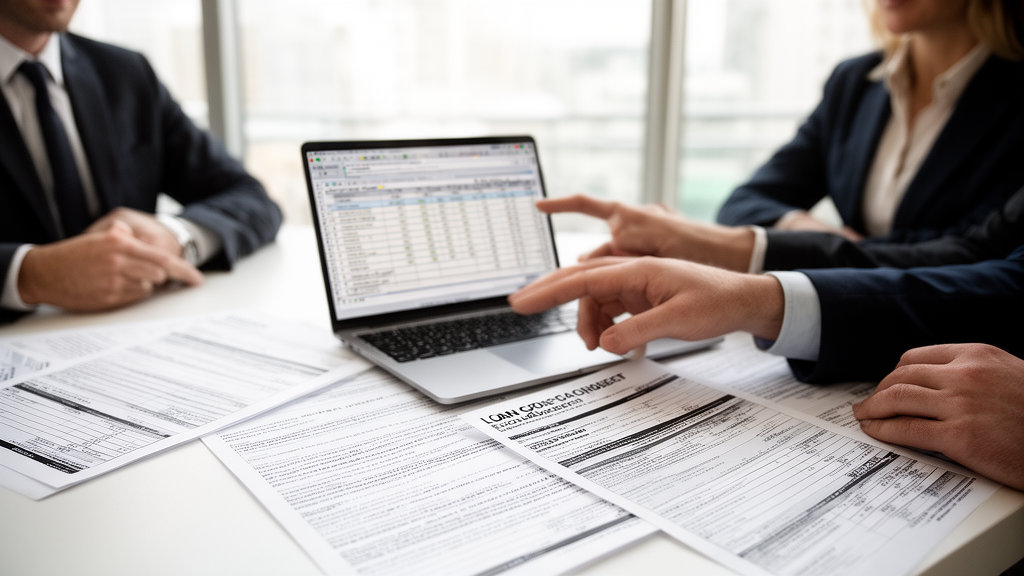 Equipe empresarial analisando contrato e planilha financeira em escritório claro