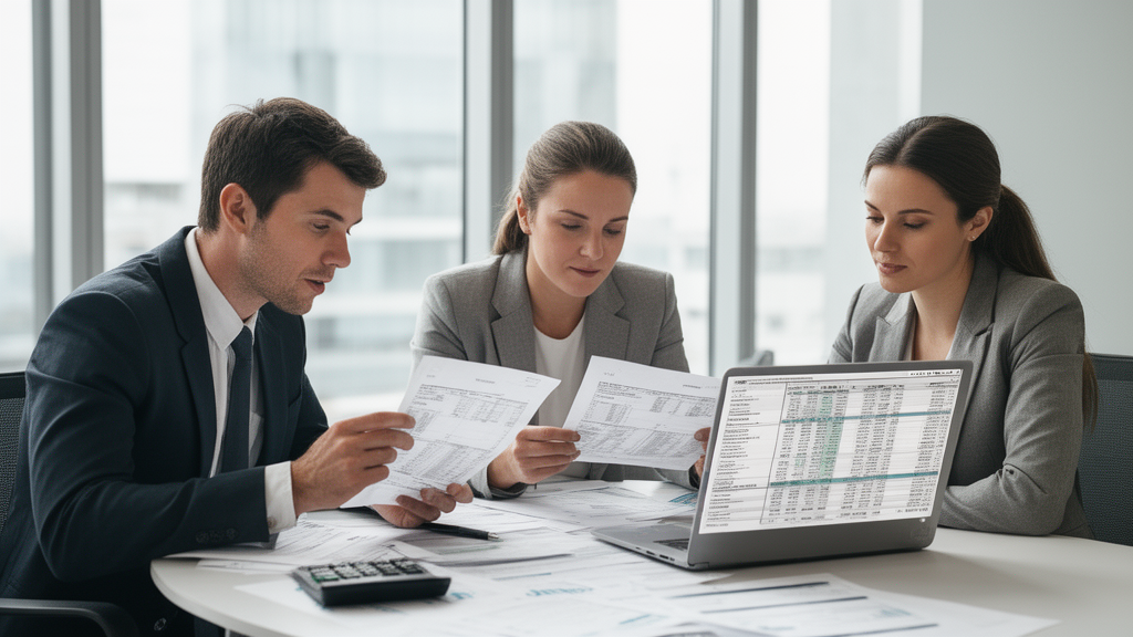 Equipe empresarial analisando extratos e planilha financeira em sala com luz natural