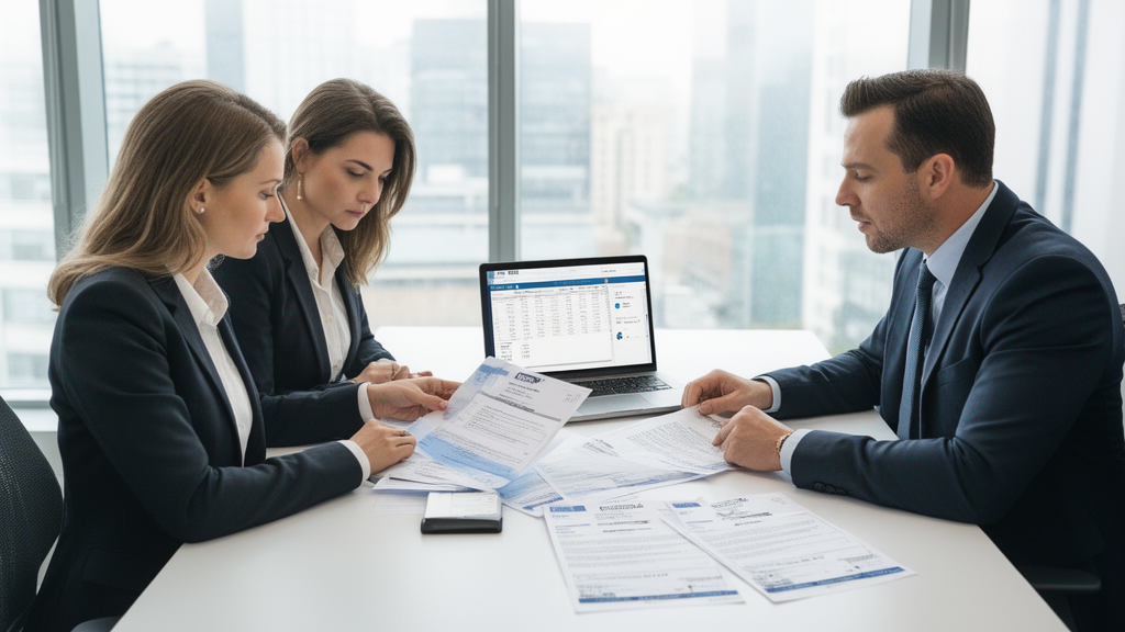 Equipe empresarial analisando contratos e extratos de antecipação de recebíveis em escritório claro