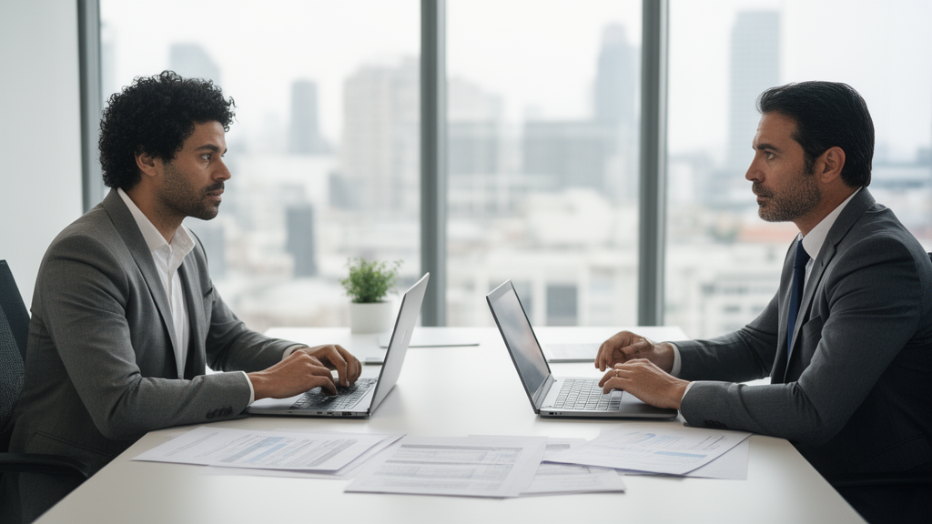 Reunião empresarial com sócios e gerente bancário analisando contratos e planilhas em escritório claro