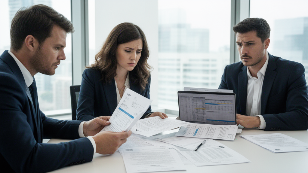 Equipe empresarial analisando contratos e extratos à mesa, documentos e laptop em foco