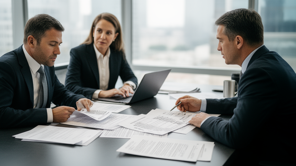 Profissionais em reunião analisando contratos bancários e extratos em escritório corporativo