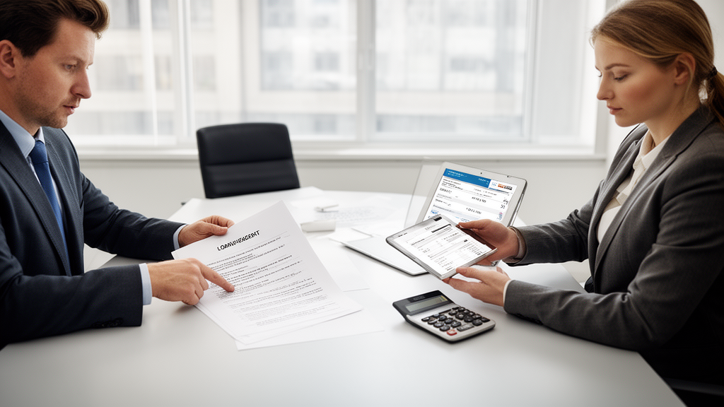 Reunião empresarial analisando contratos bancários e extratos em mesa de escritório