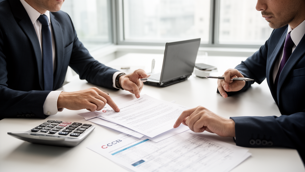 Sócio e advogado analisando contrato bancário em escritório corporativo iluminado