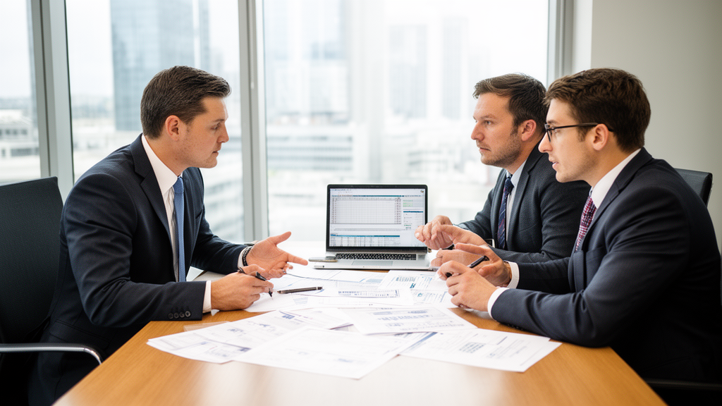 Advogado e sócios revisando contratos e extratos em sala corporativa iluminada
