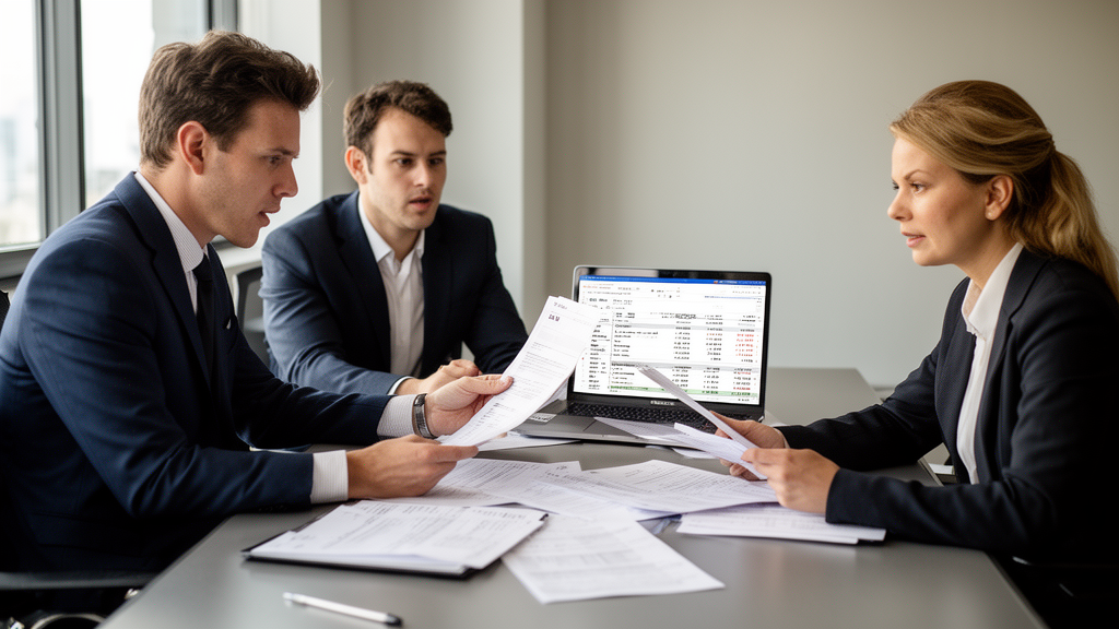 Profissionais em reunião empresarial analisando extratos e contratos financeiros à luz natural