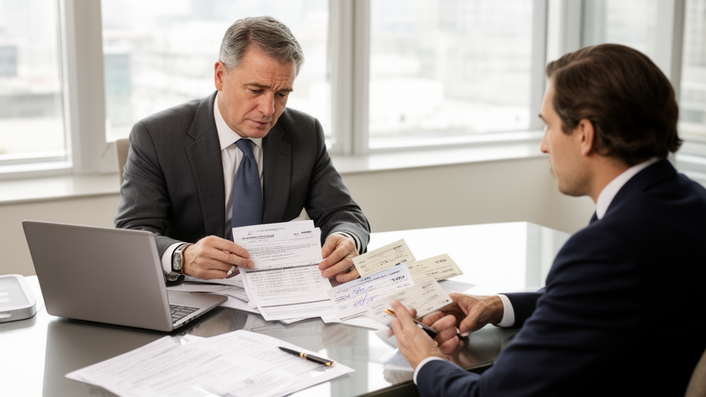 Sócio e advogado analisando cheques e contratos em escritório luminoso