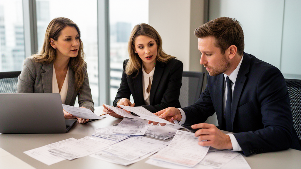 Equipe empresarial analisando extratos e documentos financeiros diante de laptop em escritório claro