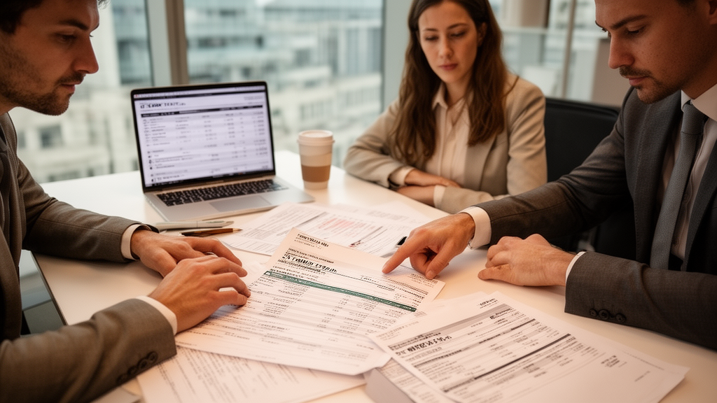Profissionais revisando extratos bancários e contratos numa mesa de escritório moderno
