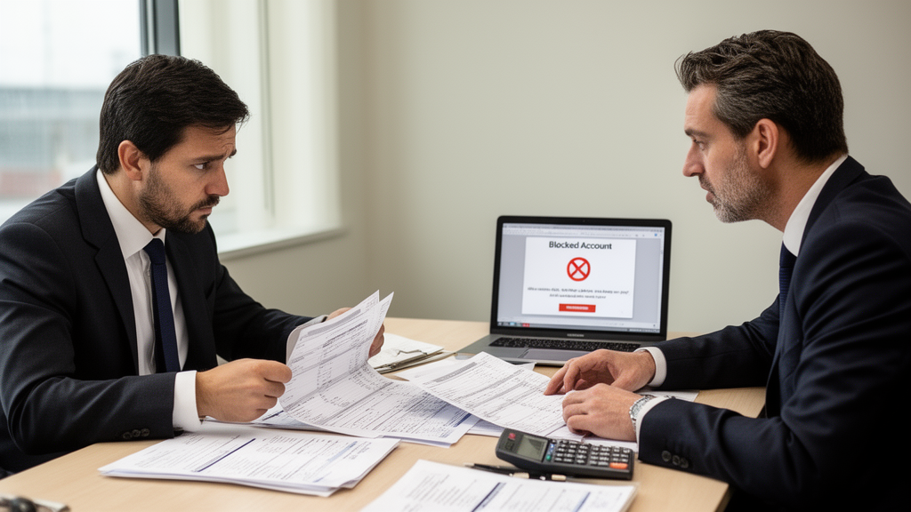 Advogado e gestor analisando extratos bancários e notificação de bloqueio em sala corporativa