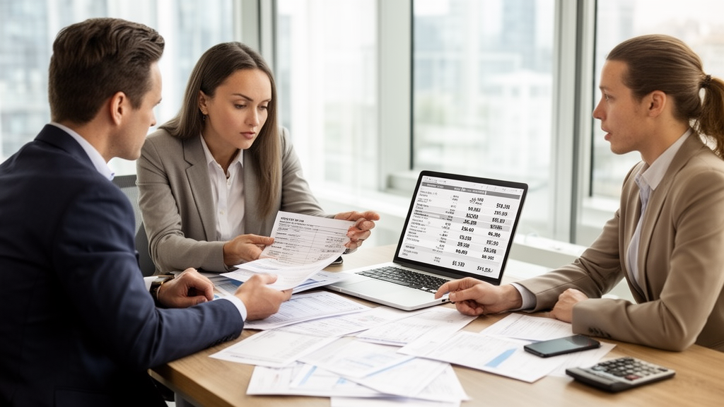Equipe empresarial analisando extratos bancários e fluxo de caixa em escritório claro