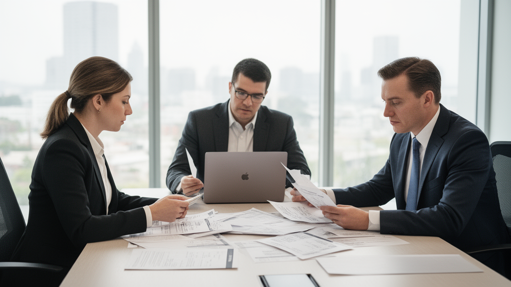 Equipe empresarial analisando extratos e notas fiscais em escritório moderno para pedido de desbloqueio SisbaJud