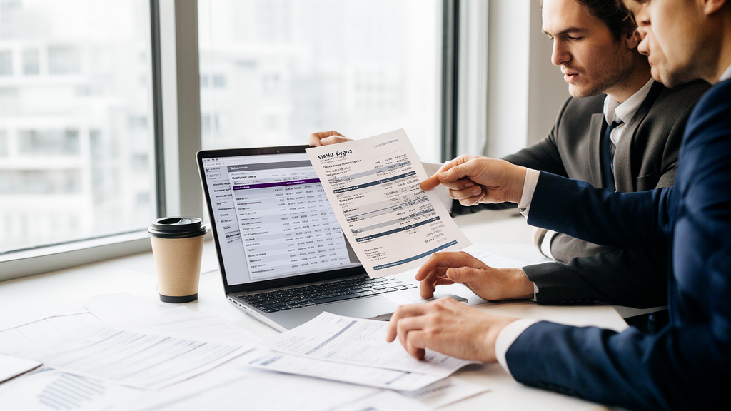 Profissionais revisando extratos e documentos financeiros em escritório corporativo iluminado