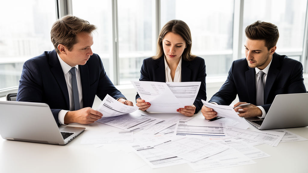 Advogados e contador analisando extratos bancários e contratos em escritório claro
