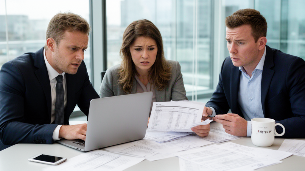 Equipe financeira analisando extratos e planilha em escritório corporativo