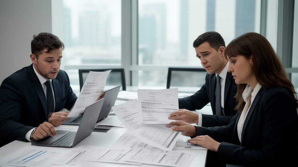 Equipe empresarial analisando extratos e contratos em escritório moderno para desbloqueio de conta
