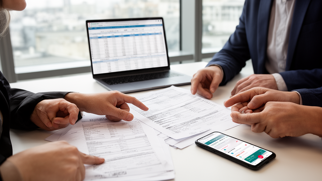 Equipe empresarial analisando extratos bancários e planilhas para pedido de desbloqueio SisbaJud
