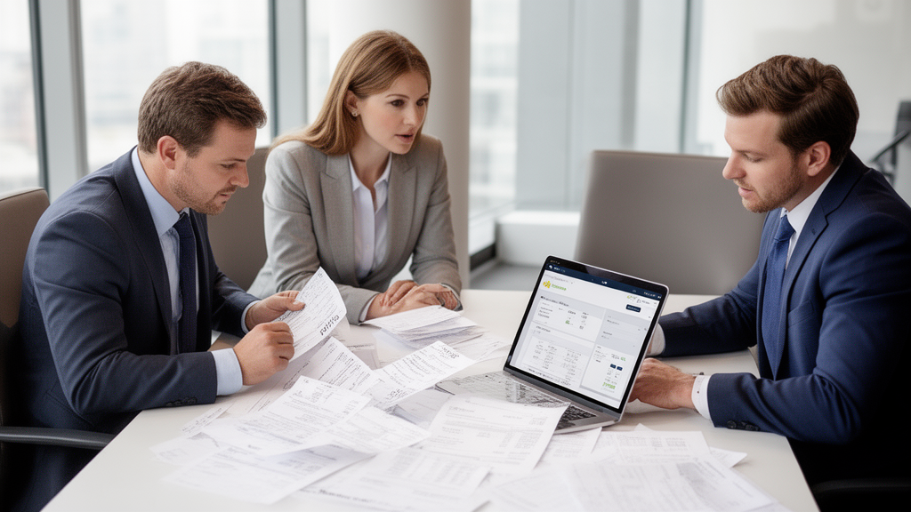 Equipe empresarial analisando extratos e notas fiscais para pedido de desbloqueio via SisbaJud