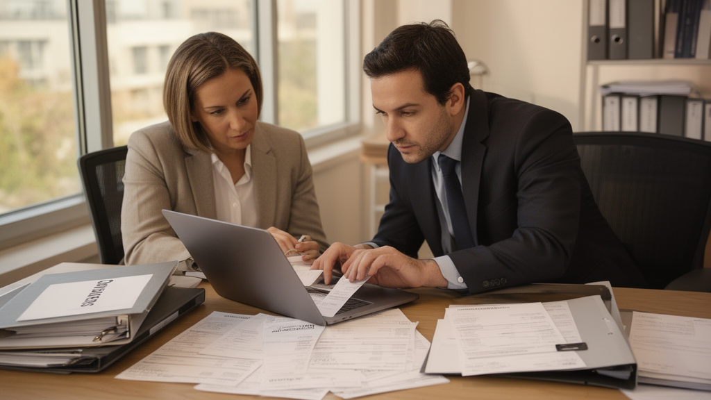 Advogado e empresário analisando extratos bancários e contratos em escritório empresarial