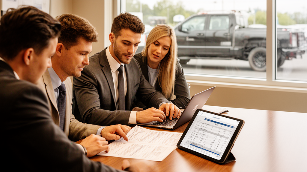 Equipe empresarial revisando documentos de veículo e finanças com caminhão da frota visível ao fundo