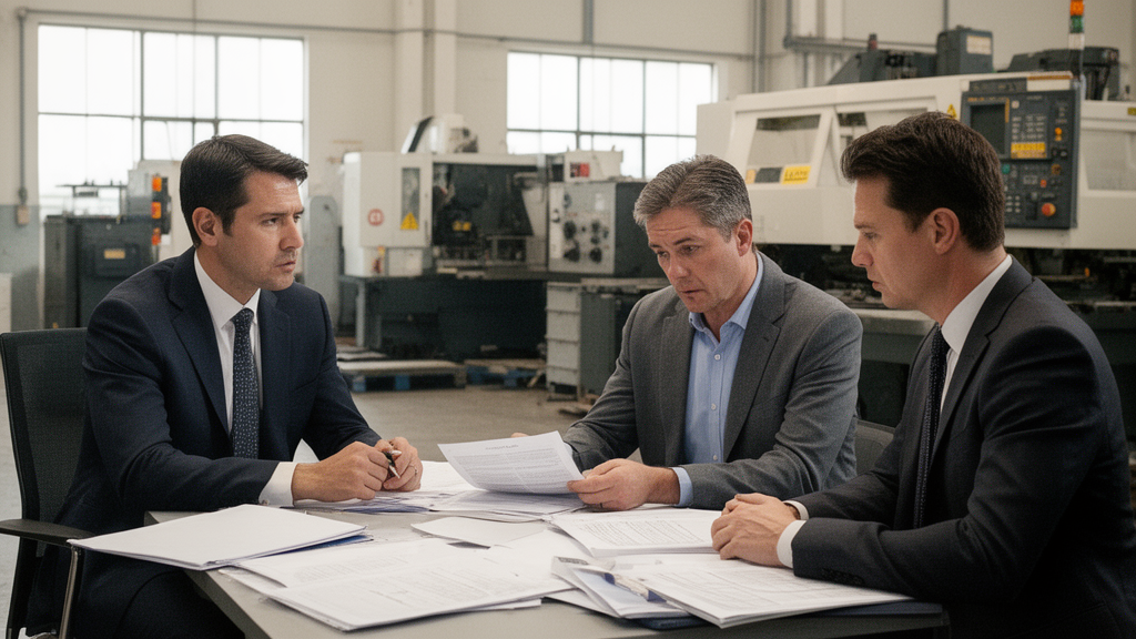Advogado e gestor empresarial revisando inventário e documentos com máquinas ao fundo